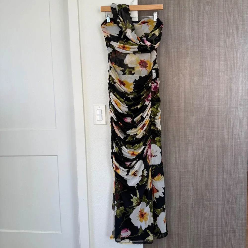 Abercrombie & Fitch Black Floral Mesh Off One Shoulder Ruched Maxi Dress Medium